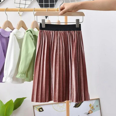 2022 m. pavasaris, ruduo, žiema, aksominis sijonas vaikams Plisuotas sijonas kūdikiams, paaugliams, solidūs drabužiai, mokykliniai mergaičių ilgi sijonai