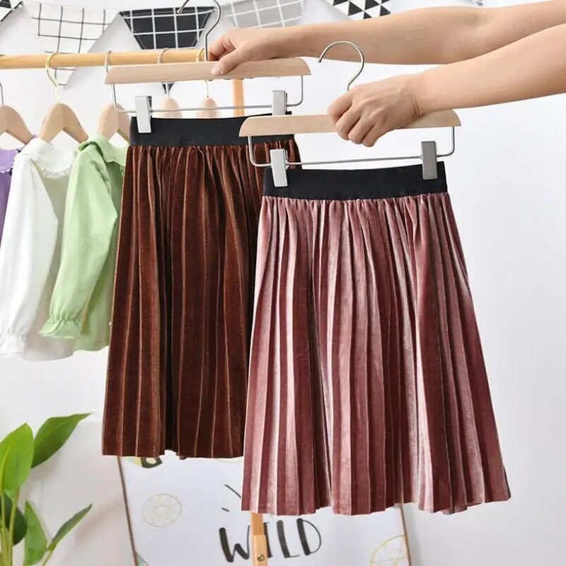 2022 m. pavasaris, ruduo, žiema, aksominis sijonas vaikams Plisuotas sijonas kūdikiams, paaugliams, solidūs drabužiai, mokykliniai mergaičių ilgi sijonai