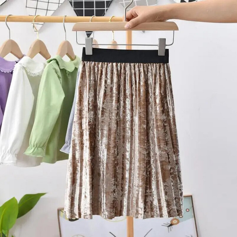 2022 m. pavasaris, ruduo, žiema, aksominis sijonas vaikams Plisuotas sijonas kūdikiams, paaugliams, solidūs drabužiai, mokykliniai mergaičių ilgi sijonai