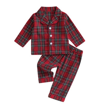 Коледни детски комплект пижами за момичета и момчета Костюм с карирана риза с дълги ръкави и еластични панталони 2 бр. Спално облекло за малки деца