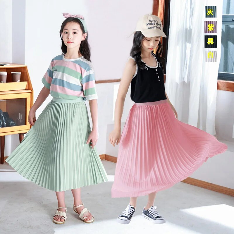 2023. aasta suvi tüdrukute pika plisseeritud seelik Massiivne vabaaja seelik lastele