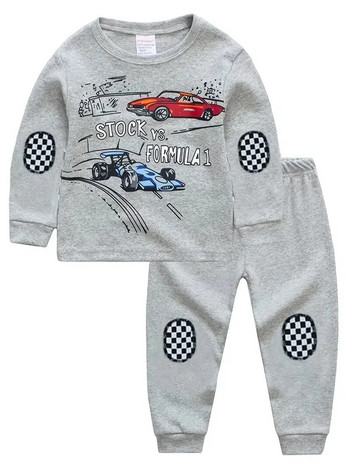 Детски пижами за момчета Карикатури на кола с щампи на карирани шевове с кръгло деколте, топ с дълъг ръкав и комплект панталони
