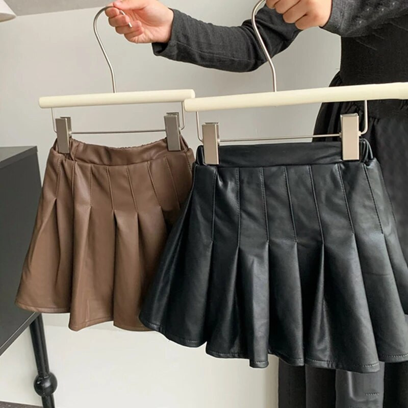 Pavasario rudens mergaičių klostuotas sijonas kūdikiams, paaugliams skirtas sijonas, apatinis sijonas vaikams, madinga dirbtinė oda, 3–14 m.