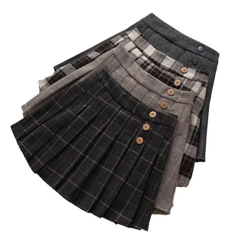 4–13-aastastele lastele minipikkusega plisseeritud seelik kevad-sügis tüdrukute ruuduline nööp Mugav mood lasteriided H34