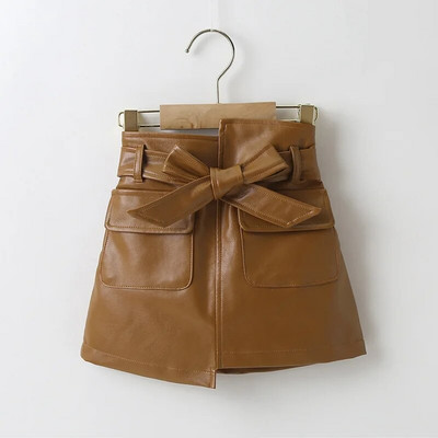 Prowow 3-7Y sügistalvised tänavarõivad tüdrukutele miniseelik ühevärviline kõrge vöökohaga vööga kunstnahast seelikud beebidele lastele riided tüdrukutele