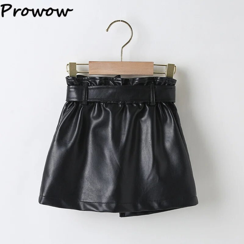 Prowow 3-7Y sügistalvised tänavarõivad tüdrukutele miniseelik ühevärviline kõrge vöökohaga vööga kunstnahast seelikud beebidele lastele riided tüdrukutele