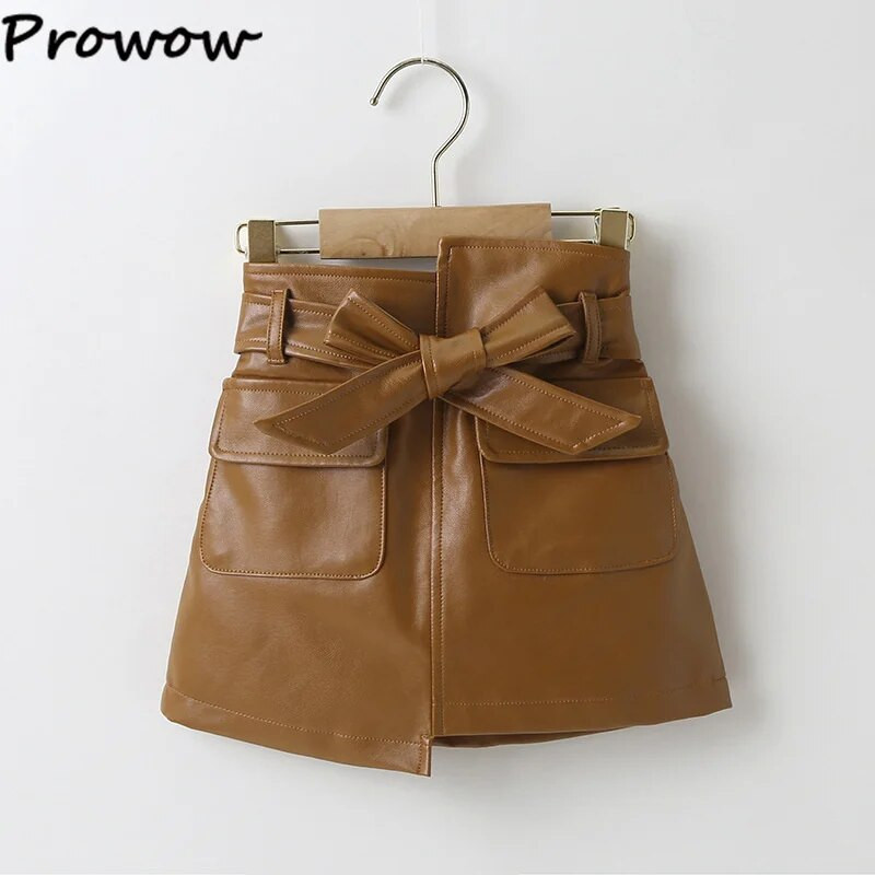 Prowow 3-7Y sügistalvised tänavarõivad tüdrukutele miniseelik ühevärviline kõrge vöökohaga vööga kunstnahast seelikud beebidele lastele riided tüdrukutele