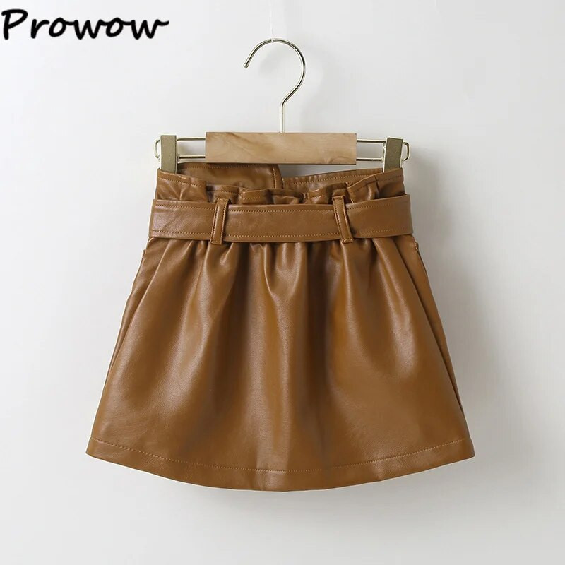 Prowow 3-7Y sügistalvised tänavarõivad tüdrukutele miniseelik ühevärviline kõrge vöökohaga vööga kunstnahast seelikud beebidele lastele riided tüdrukutele