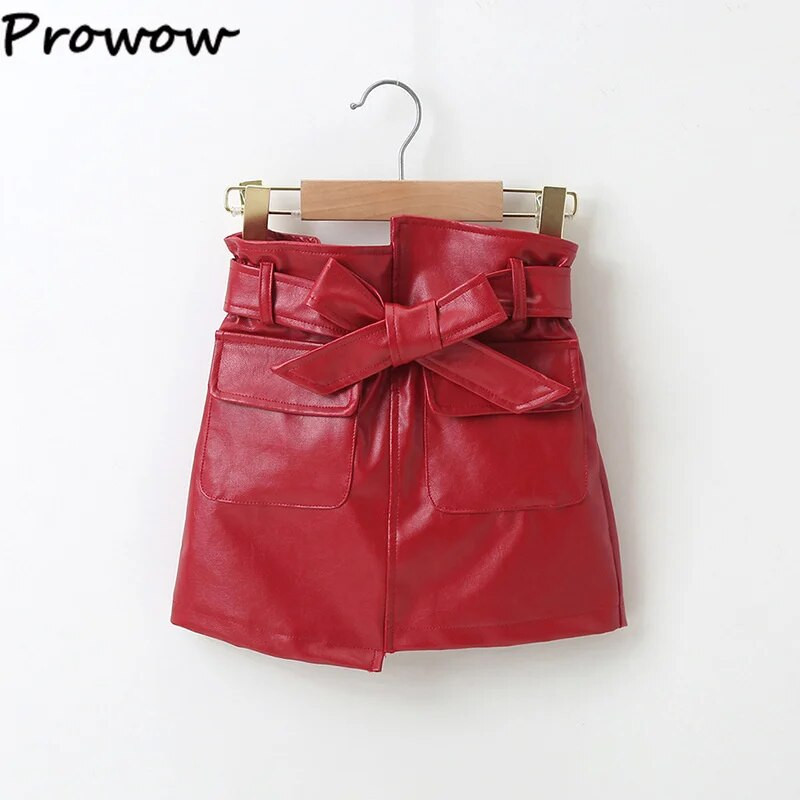 Prowow 3-7Y sügistalvised tänavarõivad tüdrukutele miniseelik ühevärviline kõrge vöökohaga vööga kunstnahast seelikud beebidele lastele riided tüdrukutele