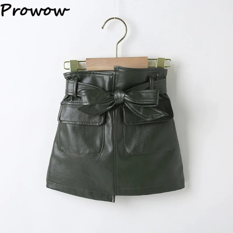 Prowow 3-7Y sügistalvised tänavarõivad tüdrukutele miniseelik ühevärviline kõrge vöökohaga vööga kunstnahast seelikud beebidele lastele riided tüdrukutele