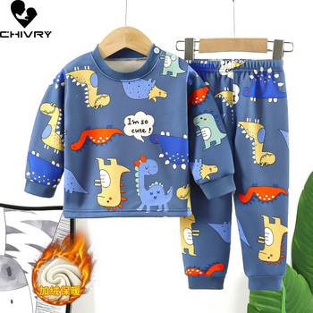 Нови 2023 Есен Зима Детски удебелени топли пижами Бебешки момчета Момичета Анимационни пижами с дълъг ръкав Прохождащи комплекти спално облекло