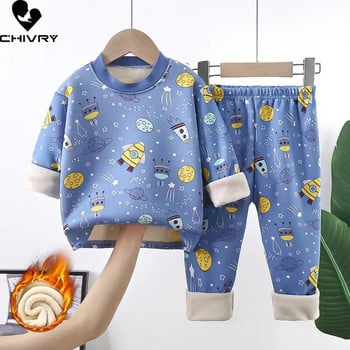 Нови 2023 Есен Зима Детски удебелени топли пижами Бебешки момчета Момичета Анимационни пижами с дълъг ръкав Прохождащи комплекти спално облекло