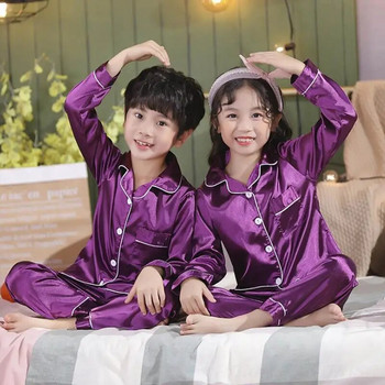 Сатенена копринена пижама за деца Комплект спално облекло Червена детска пижама за тийнейджъри Пижами за момичета 2023 Дрехи за малки момчета 4 5 6 7 8 9 10 години