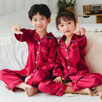 Нов детски комплект пижами от копринен сатен Бебешки спални дрехи Pijama Едноцветни пижами Костюм Момчета Момичета Спален комплект Есенни детски дневни дрехи