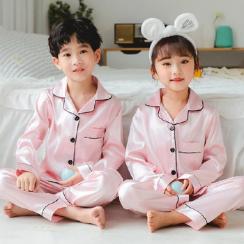 Нов детски комплект пижами от копринен сатен Бебешки спални дрехи Pijama Едноцветни пижами Костюм Момчета Момичета Спален комплект Есенни детски дневни дрехи