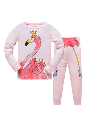 Комплект пижами от 2 части за момичета с дълъг ръкав и анимационни мотиви на фламинго