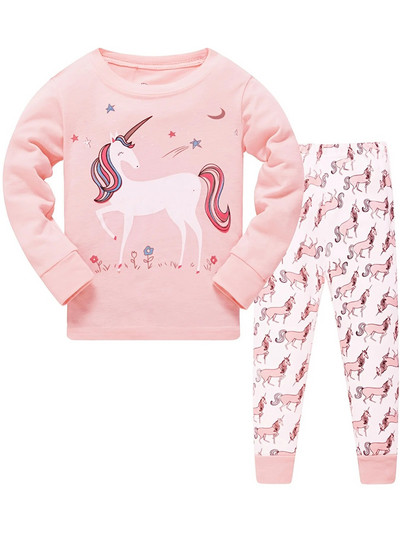 Set de pijamale cu mâneci lungi cu mâneci lungi și imprimeu desene animate pentru fete mici