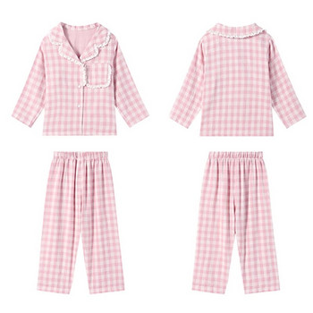 Комплекти пижами в розово каре за сладко момиче с разгъваща се яка. Винтидж комплект детски пижами за малко дете. Спално облекло. Детско облекло