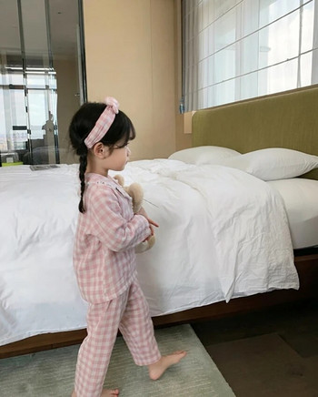 Cute Kid Girl\'s turndown Collar Pink καρό σετ πιτζάμες.Vintage παιδικές πιτζάμες για νήπια Σαλόνια ύπνου.Παιδικά ρούχα