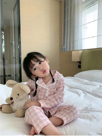 Cute Kid Girl's turndown Collar Pink καρό σετ πιτζάμες.Vintage παιδικές πιτζάμες για νήπια Σαλόνια ύπνου.Παιδικά ρούχα