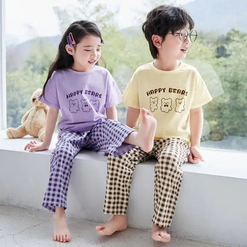 Тънки жълто-кафяви детски пижами на каре за бебета, момчета, момичета от 1 до 2, 3, 4, 5, 6, 7, 8, 9, 10, 11, 12 години, обикновени детски дрехи, домашно облекло