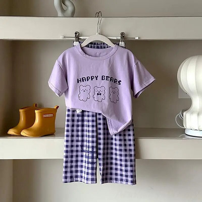 Plonas geltonai rudos spalvos languotas vaikiškas pižamos rinkinys berniukams mergaitėms nuo 1 iki 2 3 4 5 6 7 8 9 10 11 12 metų Paprasti vaikiški rūbai namų apranga