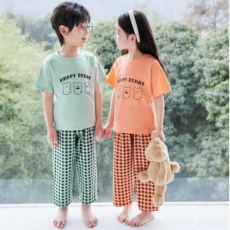 Plonas geltonai rudos spalvos languotas vaikiškas pižamos rinkinys berniukams mergaitėms nuo 1 iki 2 3 4 5 6 7 8 9 10 11 12 metų Paprasti vaikiški rūbai namų apranga