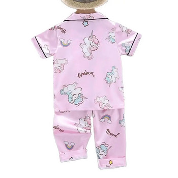 Σετ παντελόνι πιτζάμες για κορίτσια Καλοκαιρινά κλιματιζόμενα ρούχα νήπιο αγόρι Lce μεταξωτό σατέν καρτούν Μονόκερος νυχτικό 2τμχ Στολή