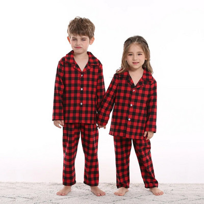 Set de pijamale din bumbac 2 piese Copii Băieți Fete Model în carouri Tendance de Crăciun Set de pijamale din bumbac în carouri