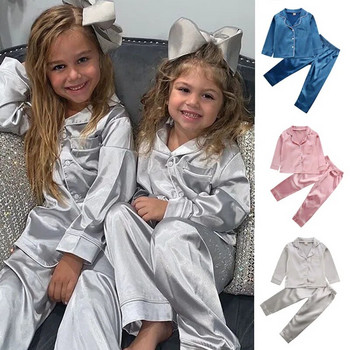Модни сатенени есенно-зимни пижами за бебета и момичета, плътни горнища с копчета с дълъг ръкав + дълги панталони, комплект от 2 бр.