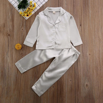 Модни сатенени есенно-зимни пижами за бебета и момичета, плътни горнища с копчета с дълъг ръкав + дълги панталони, комплект от 2 бр.