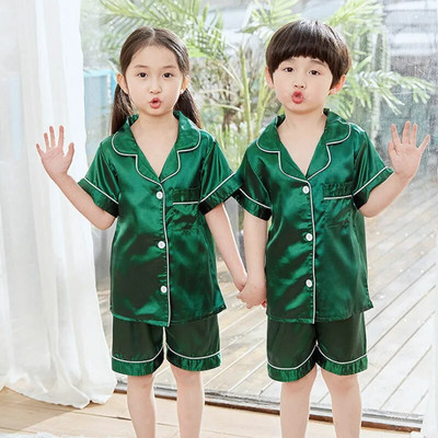 Pijamale de mătase pentru copii Pijamale din satin Pijama fete Vară Set de pijama pentru copii mici Lenjerie de noapte verde Pijamale pentru adolescenți 10 11 12 13 14 Y