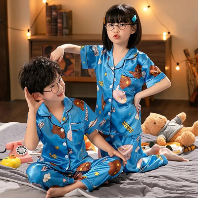 Pijamale de mătase pentru copii Pijamale din satin Pijama fete Vară Set de pijama pentru copii mici Lenjerie de noapte verde Pijamale pentru adolescenți 10 11 12 13 14 Y