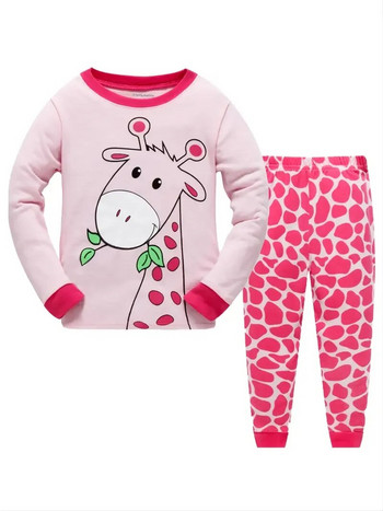 2бр. Ежедневни комплекти розова памучна пижама за момичета с анимационен принт с деколте