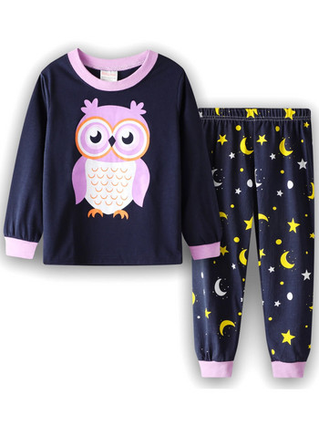 Нов комплект пролетно-есенно детско домашно облекло Комплект панталони с щампа с анимационни мотиви Комплект панталони с дълги ръкави Момчета Момичета Пижами Пижами с бухал