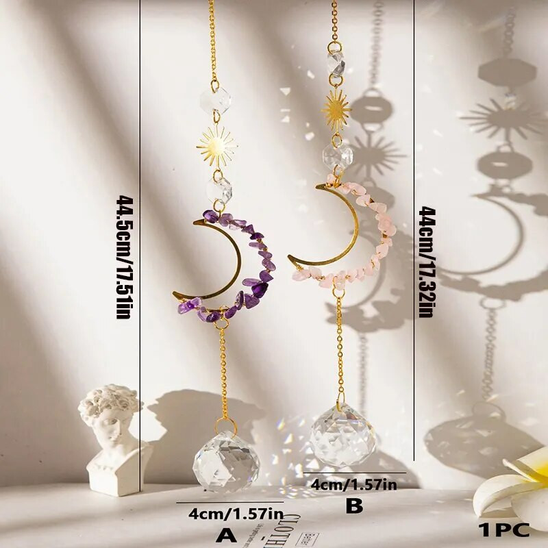 1 tükk töötlemata kivist ja kristallist seinariide, mis on kujundatud kuu ja päikese kujul koduaeda kaunistama