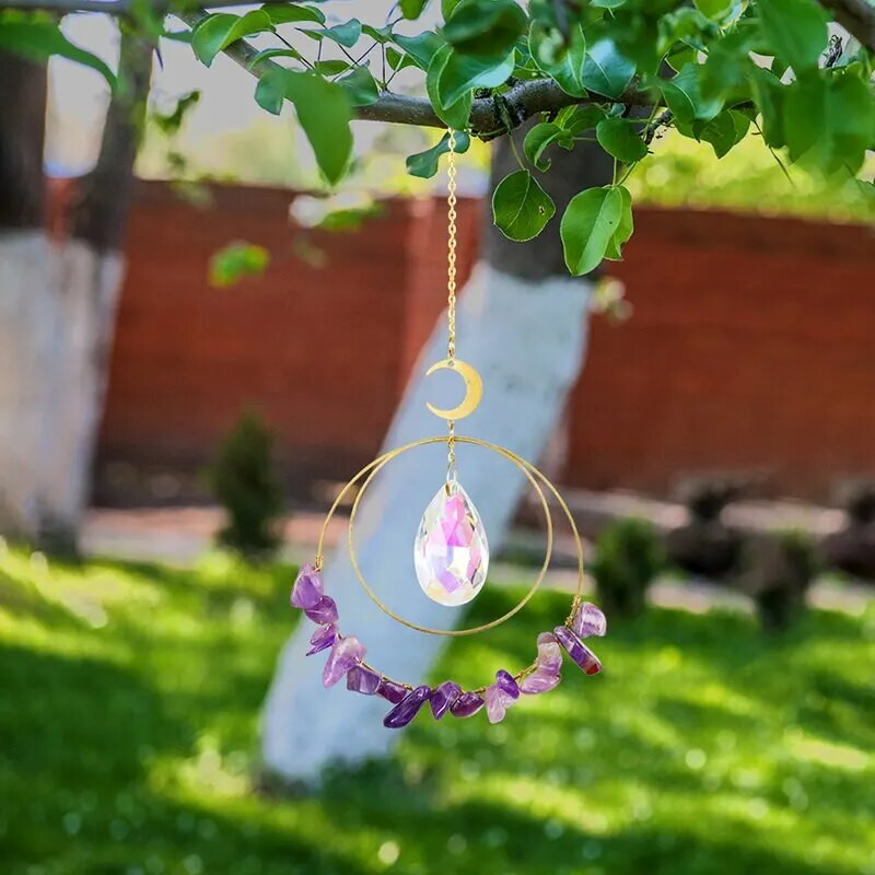 1 tk Kristallkillustikellad seinale riputatavad käsitsi valmistatud The Moon topeltringi päikesepüüdja ripats kodu välikaunistamiseks