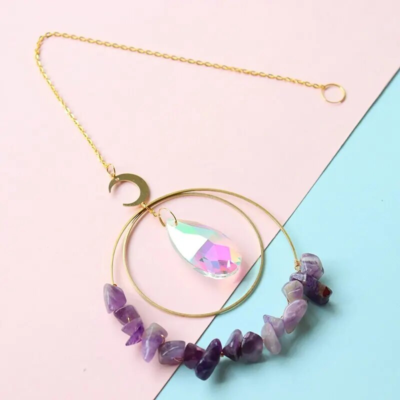 1 tk Kristallkillustikellad seinale riputatavad käsitsi valmistatud The Moon topeltringi päikesepüüdja ripats kodu välikaunistamiseks