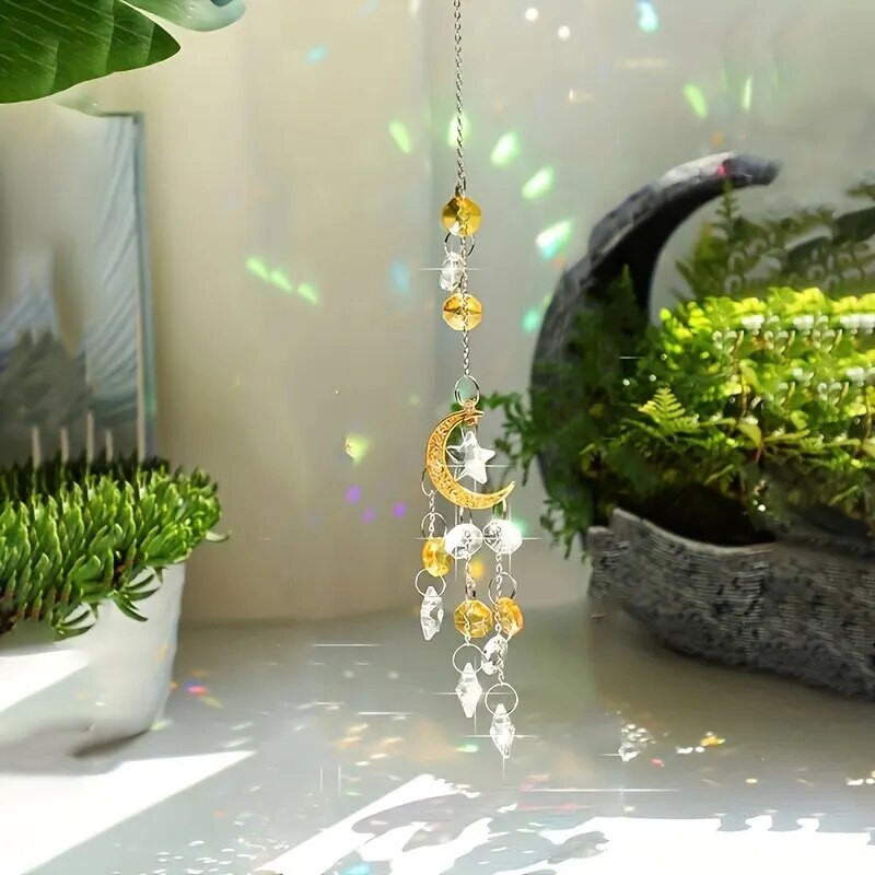 1 bucată, Pentagramă cu lună de aur pentru decorare pentru fereastră, pandantiv din cristal, meșteșuguri de înfrumusețare pentru grădină.