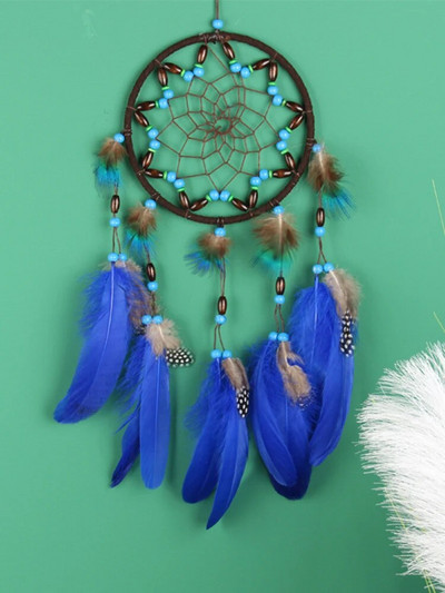 Creative Blue Feather Dream Catcher Wind Chime Ръчно изтъкана автомобилна висулка Празничен подарък за рожден ден Градина Спалня Дом Висящ орнамент