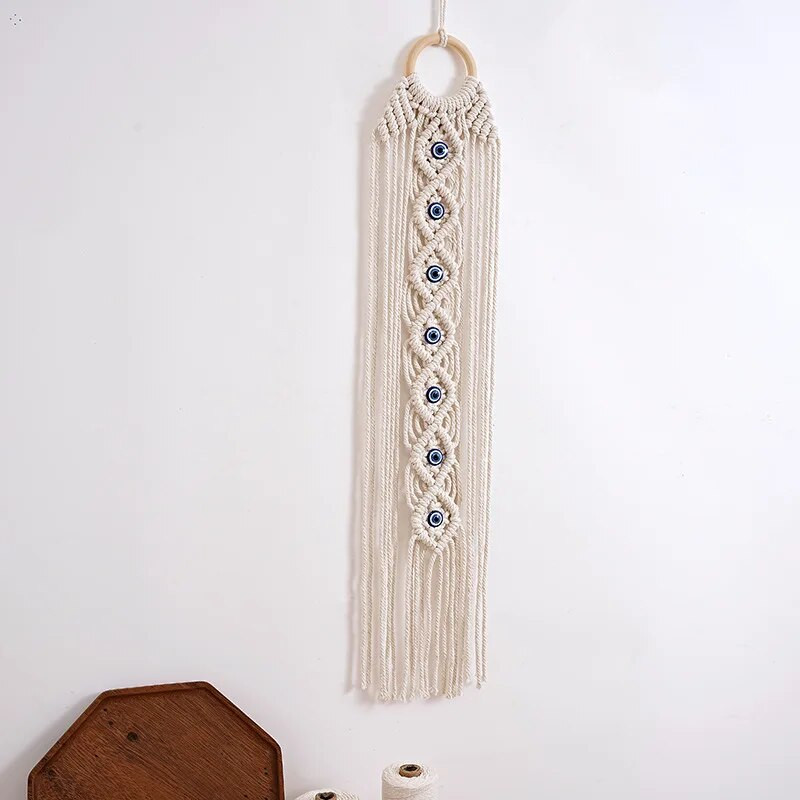 Lucky Eye'iga makramee seinaripp. Türgi kurja silmaga puuvillasest riidest seinavaip kodukaunistuseks Magamistoa kaunistamiseks Kodusõu kingitus