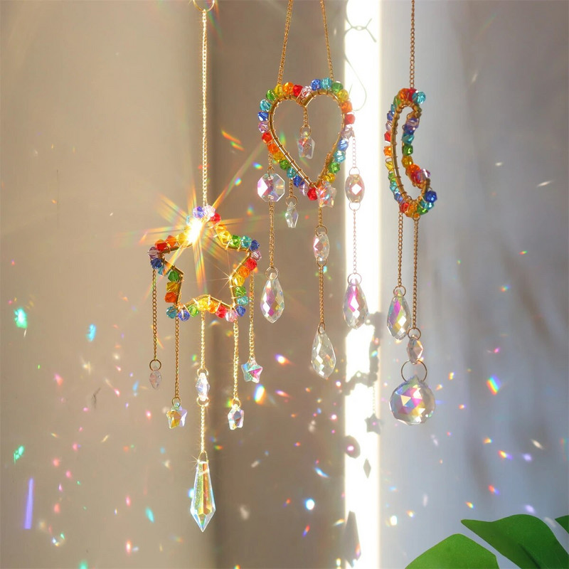 Vikerkaare kristallist päikesepüüdjad akna rippuv päikesepüüdja süda Kuu täht vikerkaare kodukaunistus