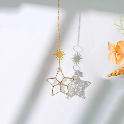 1 vnt, sintetinis krištolo pakabukas, saulės ir pentagramos dekoras, namų lango vėjo varpelio pakabos