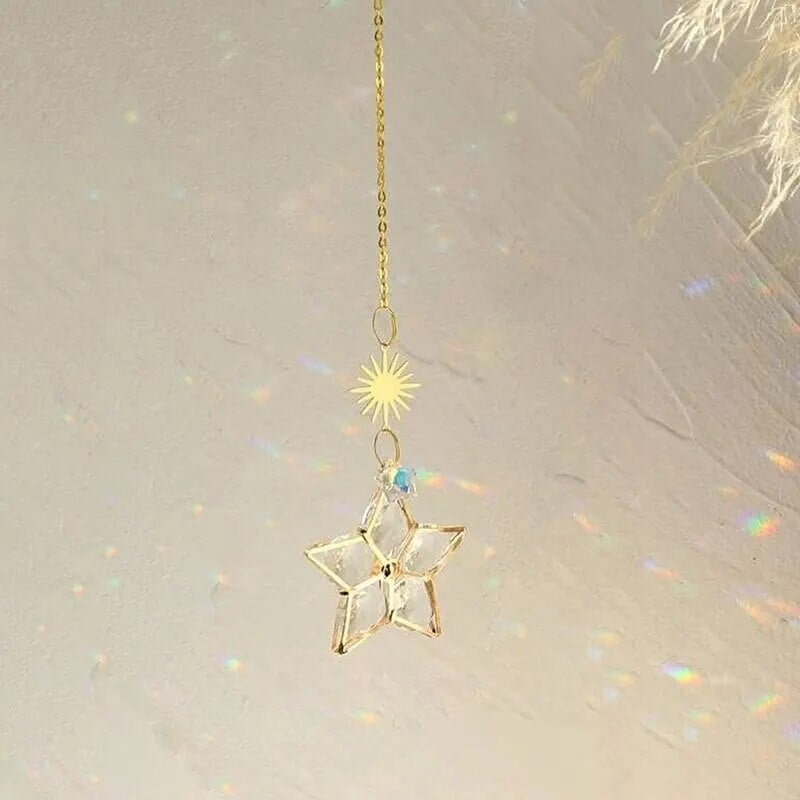 1 vnt, sintetinis krištolo pakabukas, saulės ir pentagramos dekoras, namų lango vėjo varpelio pakabos