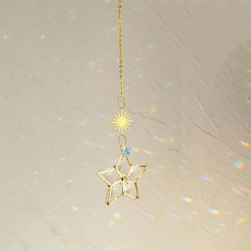 1 vnt, sintetinis krištolo pakabukas, saulės ir pentagramos dekoras, namų lango vėjo varpelio pakabos