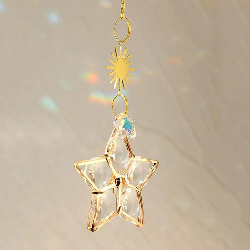 1 vnt, sintetinis krištolo pakabukas, saulės ir pentagramos dekoras, namų lango vėjo varpelio pakabos