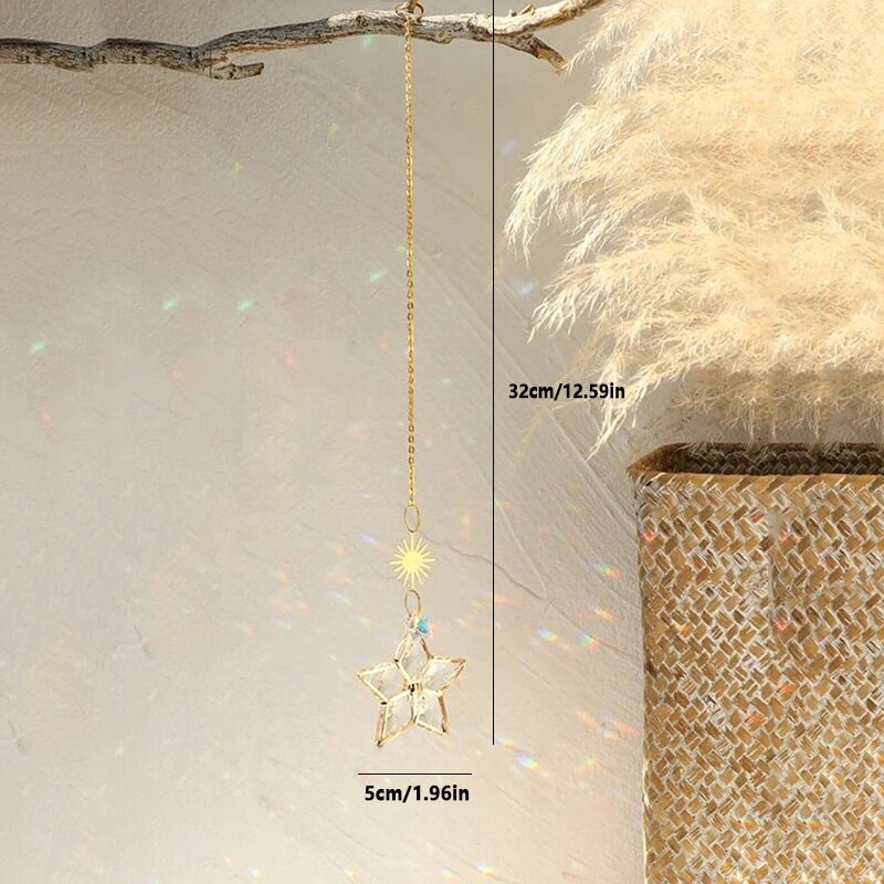 1 vnt, sintetinis krištolo pakabukas, saulės ir pentagramos dekoras, namų lango vėjo varpelio pakabos