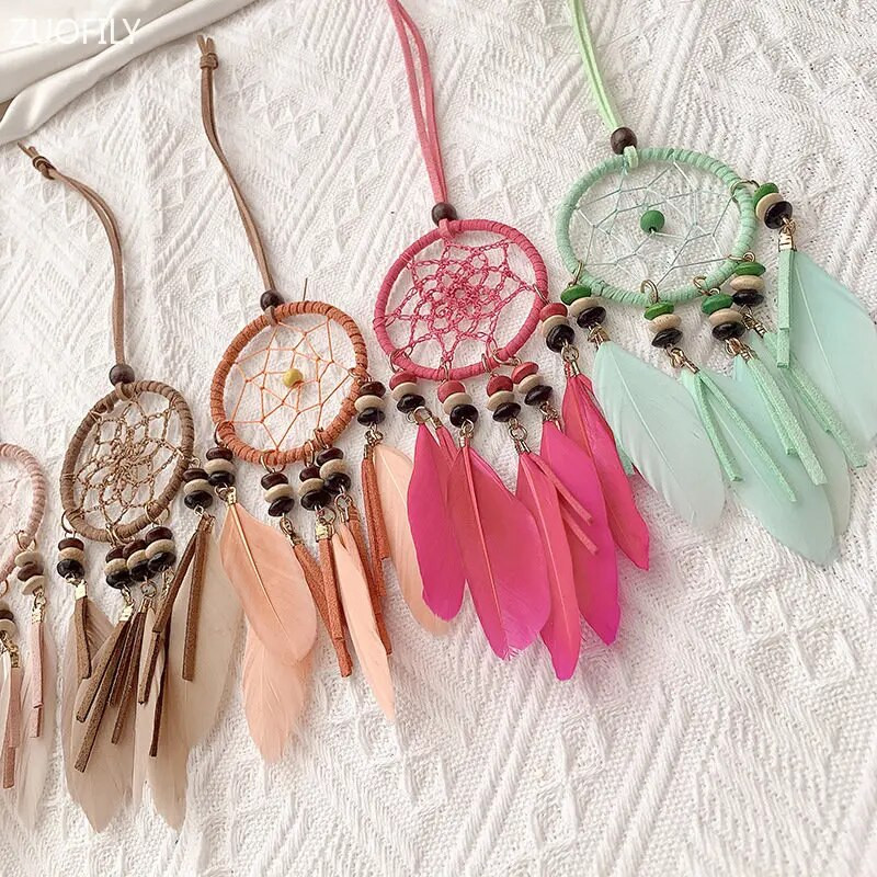 13 värvi Mini Unenäopüüdja Puidust helmed Suled Käsitsi valmistatud seinarippumistarvikud Autoripats Tuulekellad Tüdrukutele Kingitused Kodukaunistus