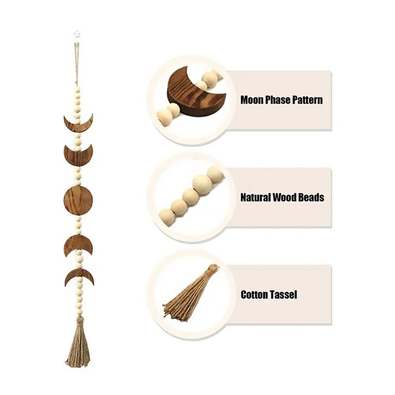 Nástenná dekorácia z drevených korálok s fázami mesiaca, boho strapcami, nebeskou ozdobou, drevenou korálkovou girlandou, obývacou izbou, nástennou dekoráciou pre domácnosť.