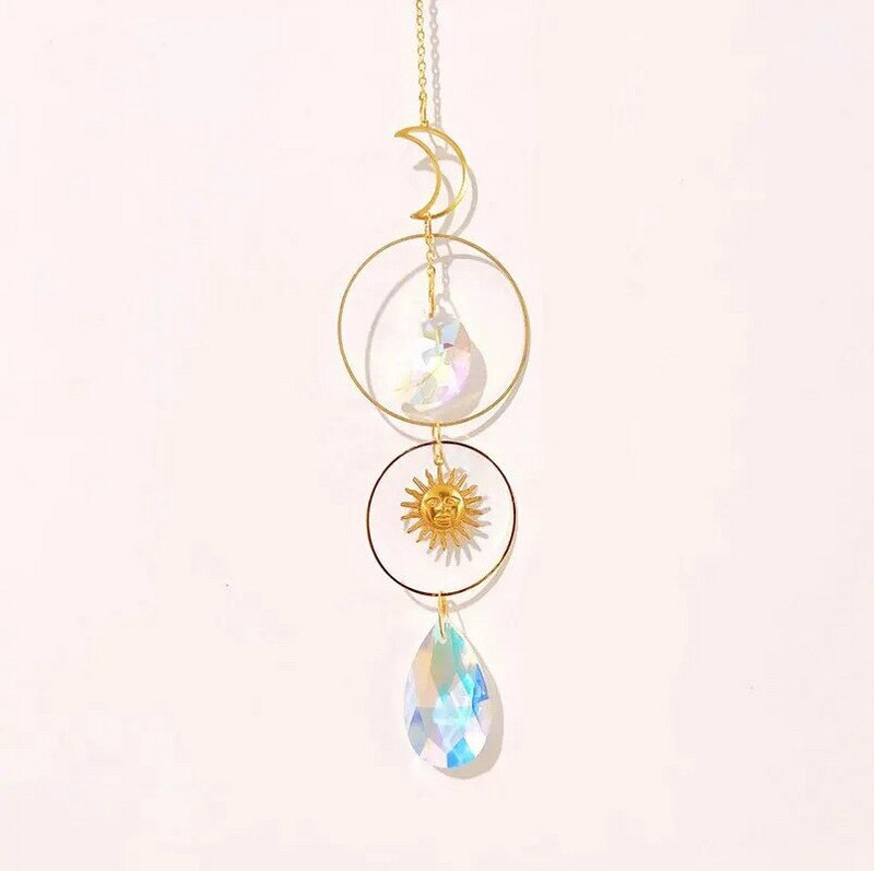 1 komad, zlatni dvostruki okrugli kristalni privjesak, kombinacija elemenata Mjesec i Sunce, pogodan za uređenje doma i vrtni privjesak